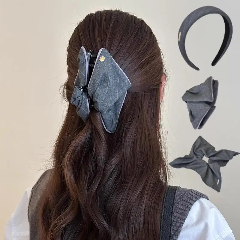 

Korean Style Grey Striped Hair Tie Band Vintage Elegant Gold Label Hair Ties Headbands Hair Grips Same Color Hair Accessory Set