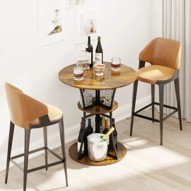 

30-inch Round Bar Table, Wood Small Pub Table Metal Breakfast Nook Table with Storage Shelves for Dining Room (Only Table)