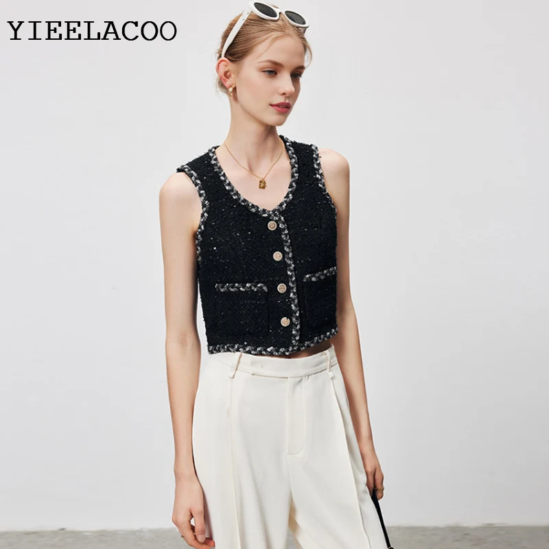 

Black Tweed Jacket sleeveless one-piece spring / autumn women's Vest ladies small fragrant wind jacket
