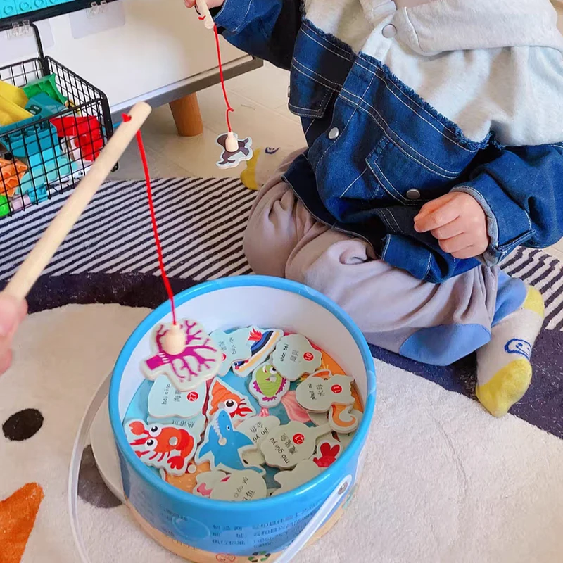 Montessori dřevěný rybaření hraček pro děti magnetický lodní život poznání ryba hry rodič-dítě interaktivní vzdělávací hračka