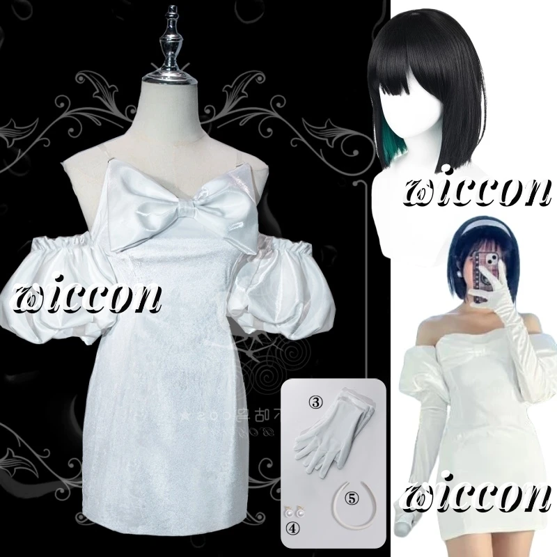 Sua Cosplay Costume Wig Anime Alien Stage Cosplay Costume Microphone White Dress Earrings Short Black Wig Sua Cosplay Clothing