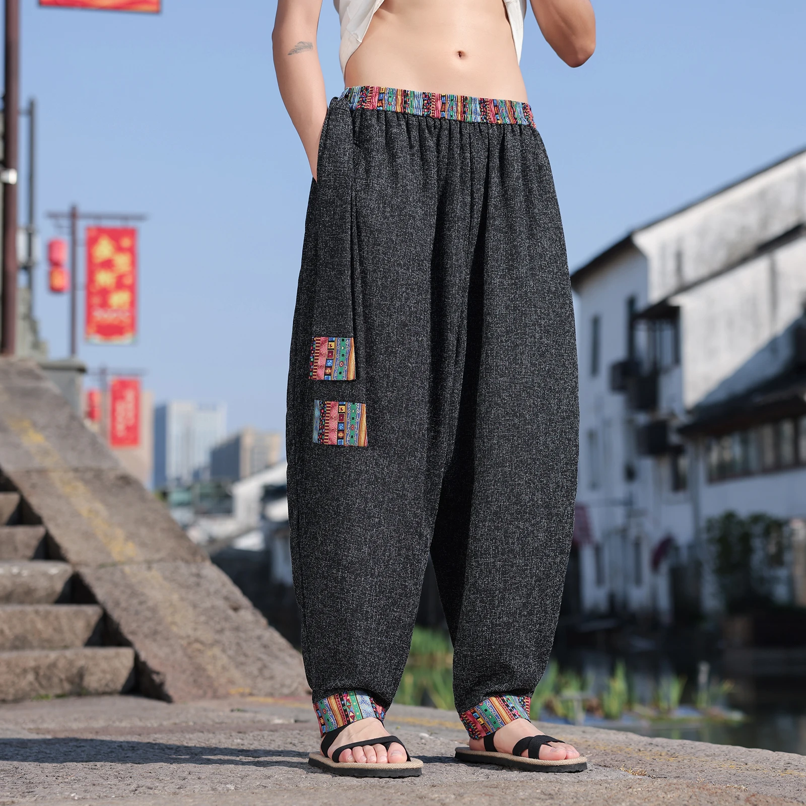 

Autumn Winter Men Pants Japan Samurai Vintage Fashion Loose Harem Pants Men Casual Breathable Comfortable Elastic Waist Trousers