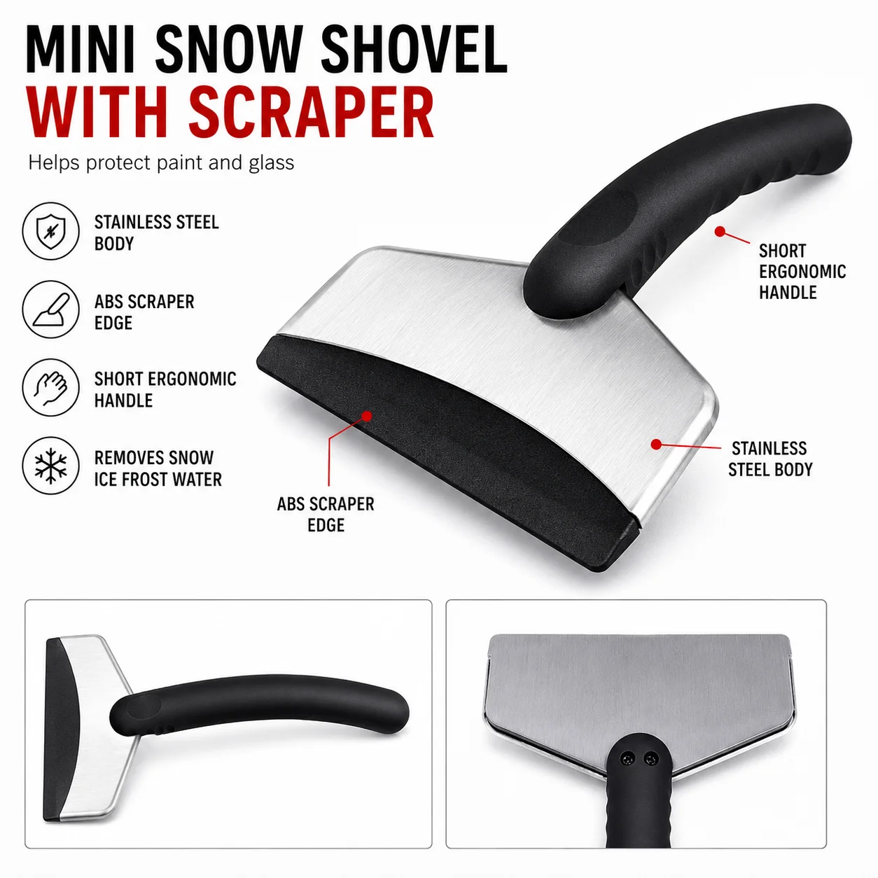 Car Snow Shovel Stainless Steel Ice Scraper Mini Portable Snow Removal Tool Winter Car Accessories Windshield Cleaning Tool
