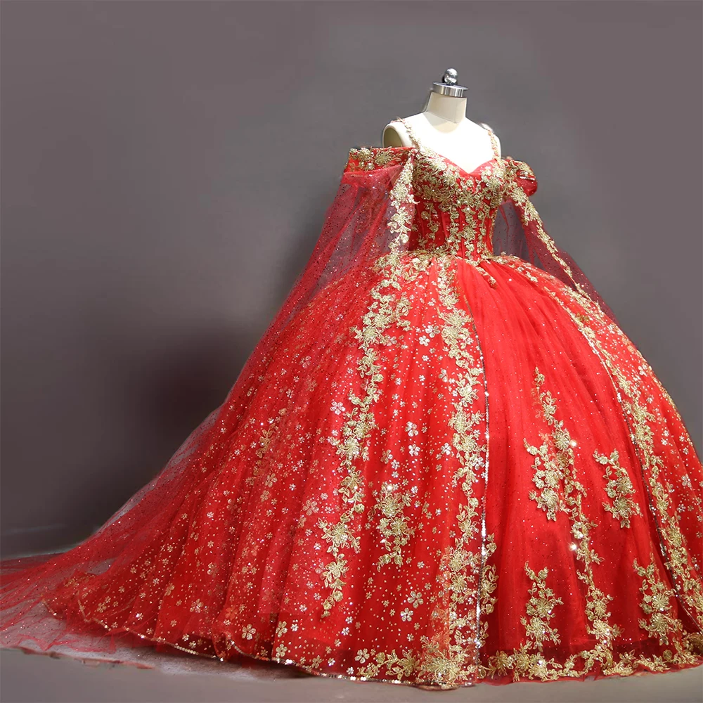 Embroidered Accented Layered Long Train Quinceanera Ball Gown Red And Gold Ball Gown Wedding Dress Wc017