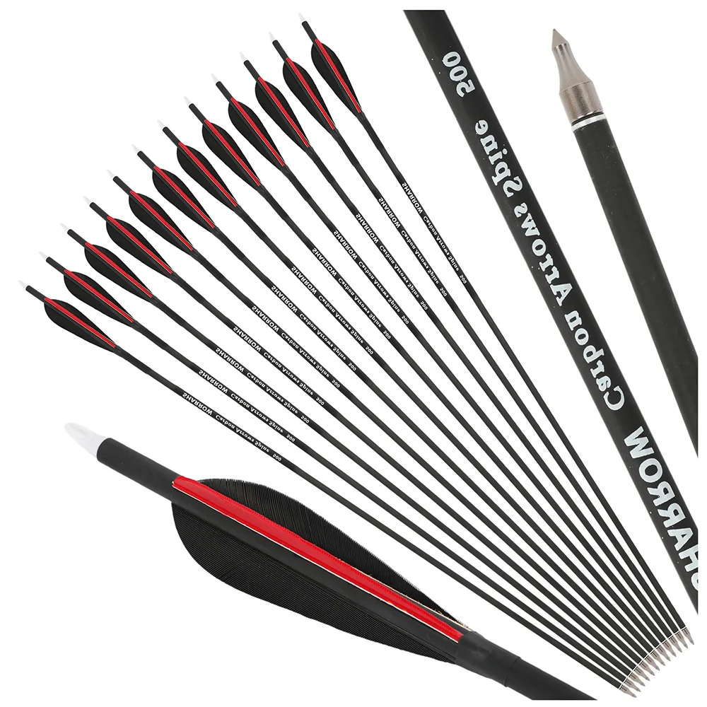 

6/12 шт. 30-дюймовые карбоновые стрелы, спайн 500, 4-дюймовые оперения из перьев индейки, 100 гран, со съемными наконечниками, внутренний диаметр 6,2 мм, внешний диаметр 7,8 мм, для блочных и традиционных луков