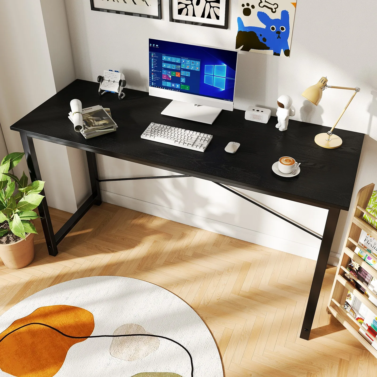 55 Inch Black Computer Desk Basic Home Office Desk Wood Writing Study Table