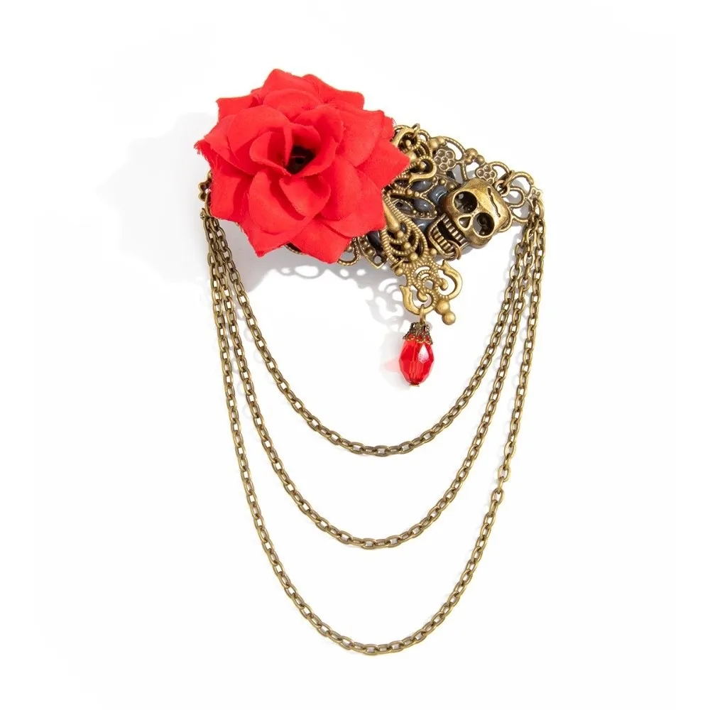 Gothic Style Velvet Rose Brooch Antique Metal Multi Layer Chain Lapel Pin Teardrop Gem Skull Brooch For Halloween Party