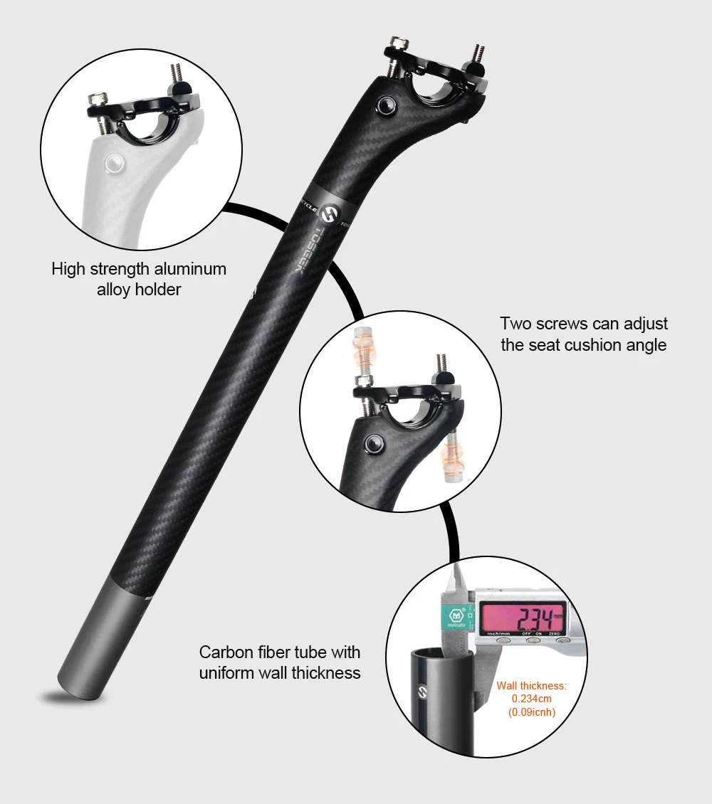 TOSEEK Ultraleichte 3K Carbon-Sattelstütze MTB/Rennrad Fahrradsattelstütze mit 20mm Offset 27,2/30,8/31,6*350/400mm Grau Matt – Detail 10