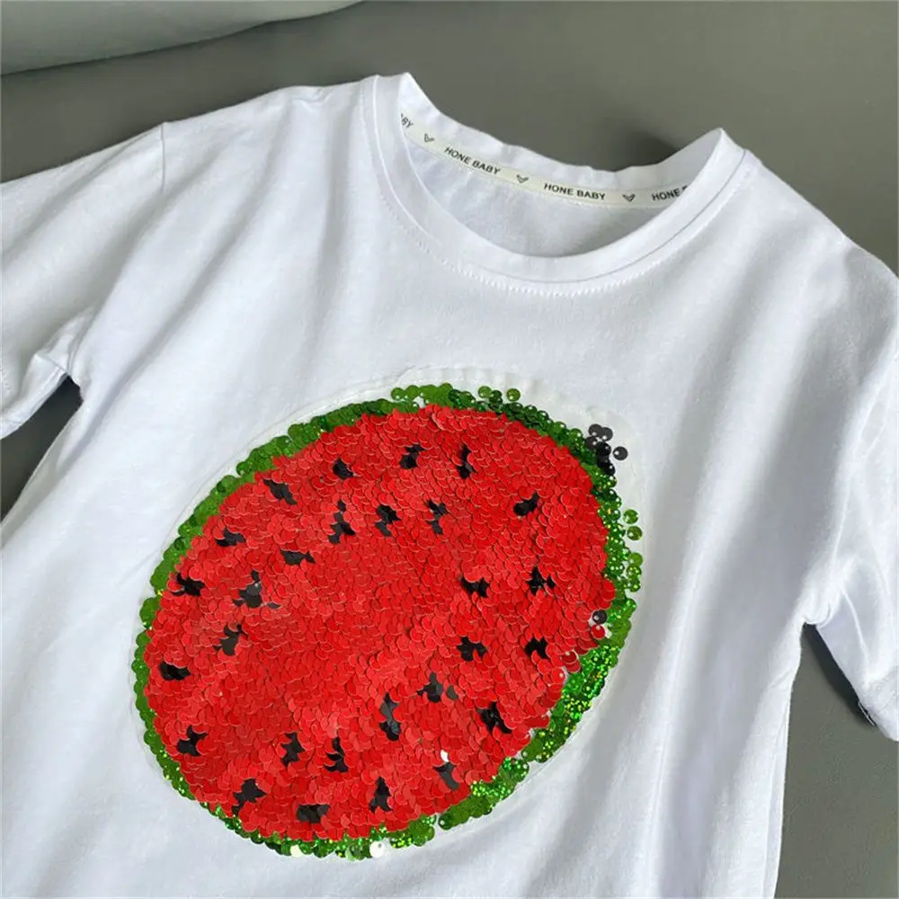 Camiseta infantil de algodão manga curta, desenhos animados, meia manga, cor reversível, lantejoulas melancia, roupa de verão