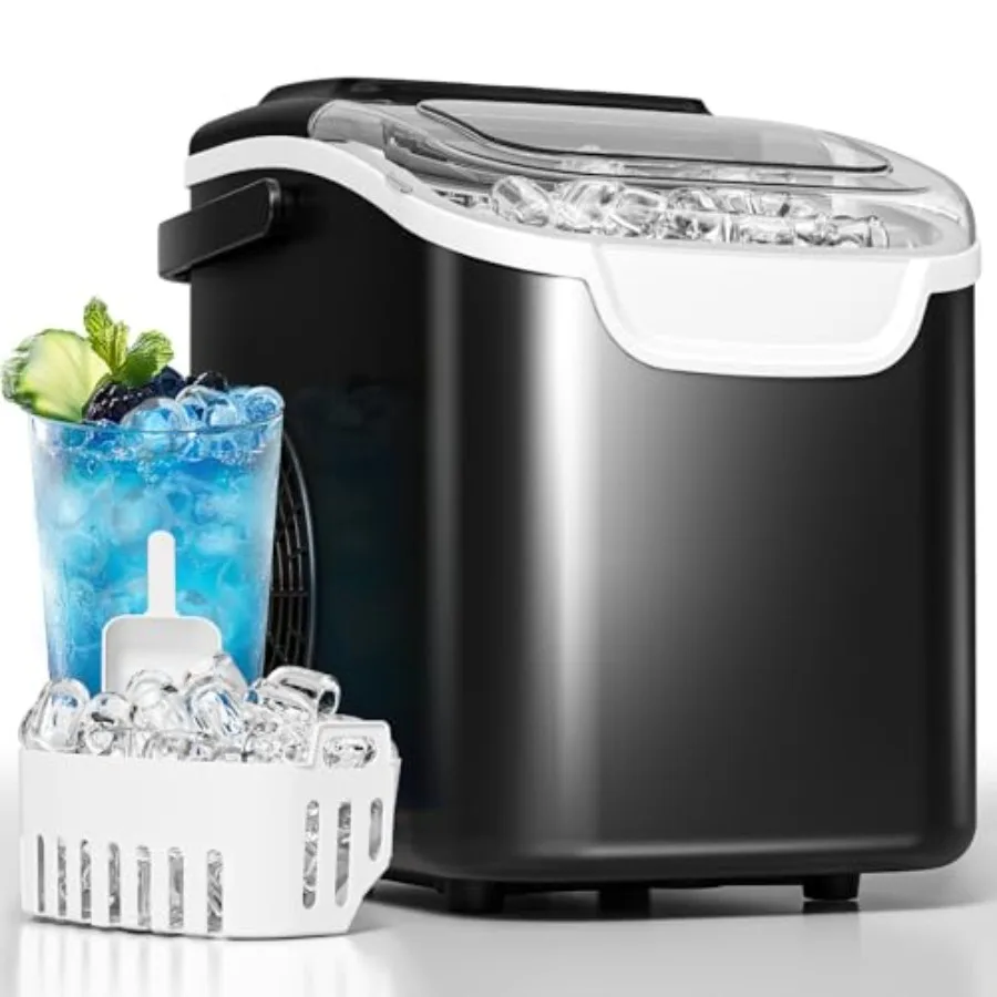 

Настольный льдогенератор с ручкой, производительность 26,5 фунтов за 24 часа, 2 размера, 8 кубиков льда за 6 минут, функция самоочистки, компактный портативный льдогенератор.