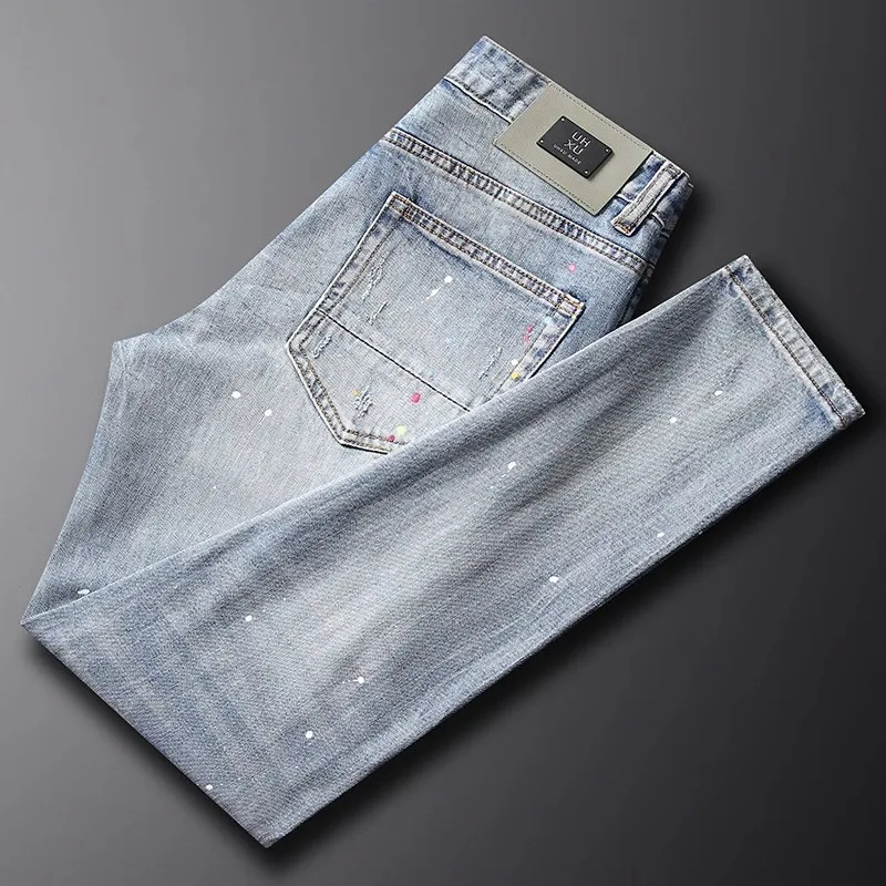 Pantalones vaqueros Retro para Hombre, Jeans rasgados, ajustados, elásticos, pintados de diseñador, Hip Hop, moda urbana, azul claro