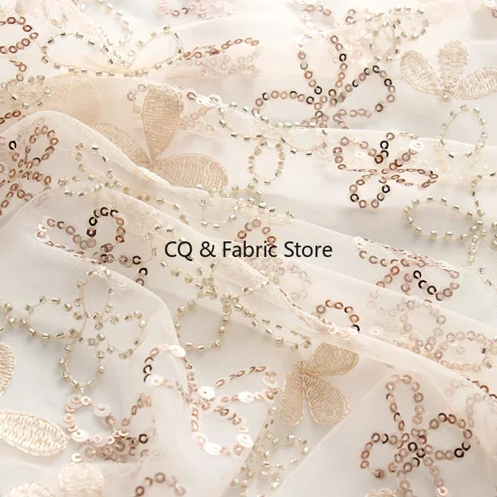 

Champagne Sequins Four-Leaf Clover Embroidery Mesh Fabric Wedding Dress Lace Fabric Designer Fabric DIY Accessories