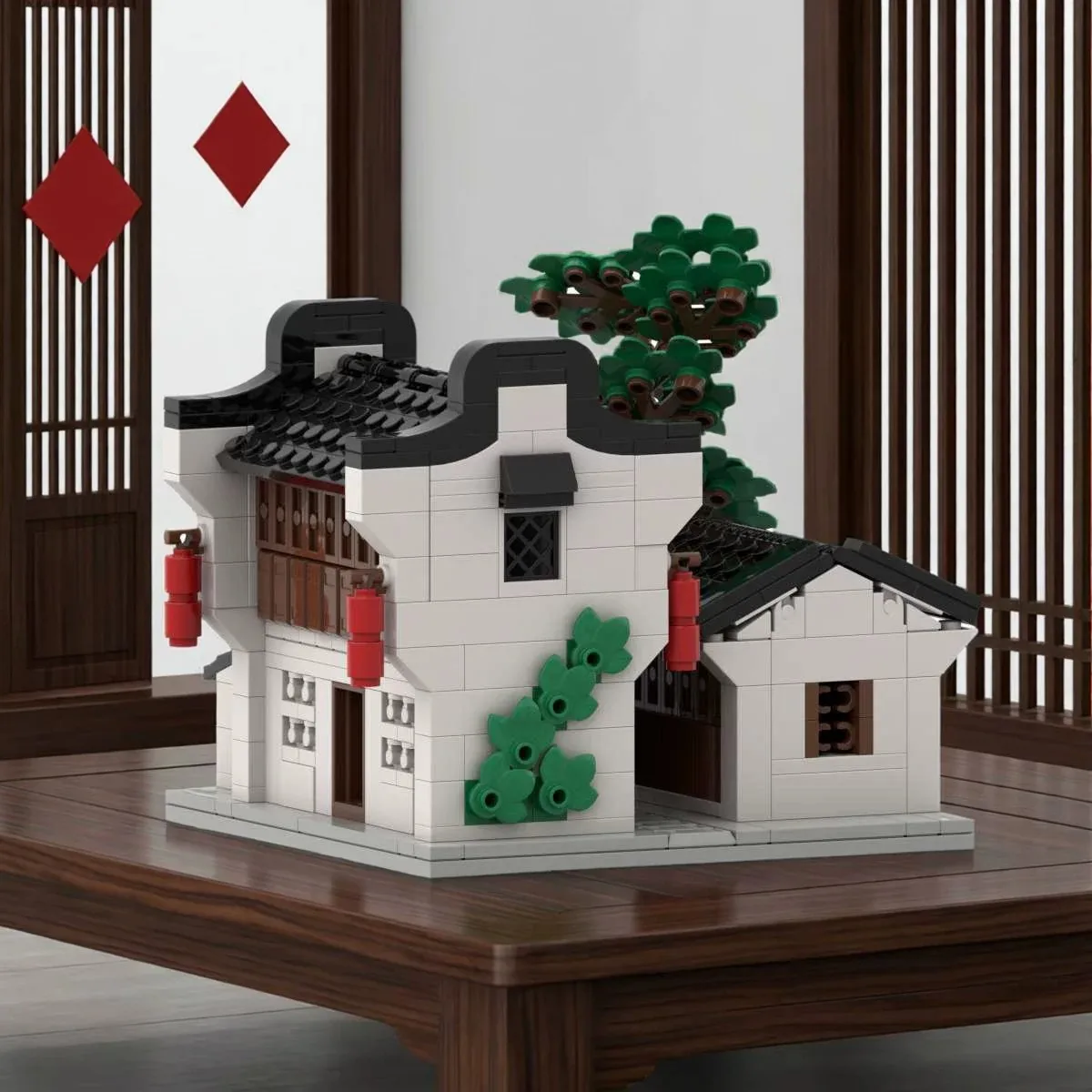 MOC Creative City Chinese Style Pink Wall Black Tile Building Blocks Model DIY Adult Puzzle Assembly Toys Birthday Gift Ornament