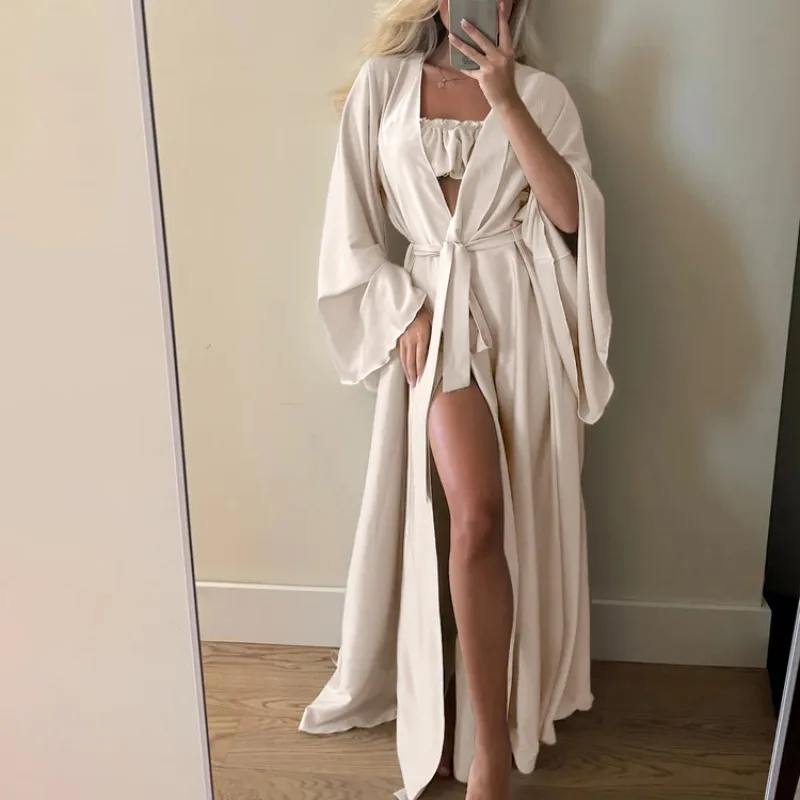 

Women Pajamas 3 Piece Set Elegant Long Cardigan Robe + Strapless Tube Top + Shorts Set Loungewear Homewear Household Clothes