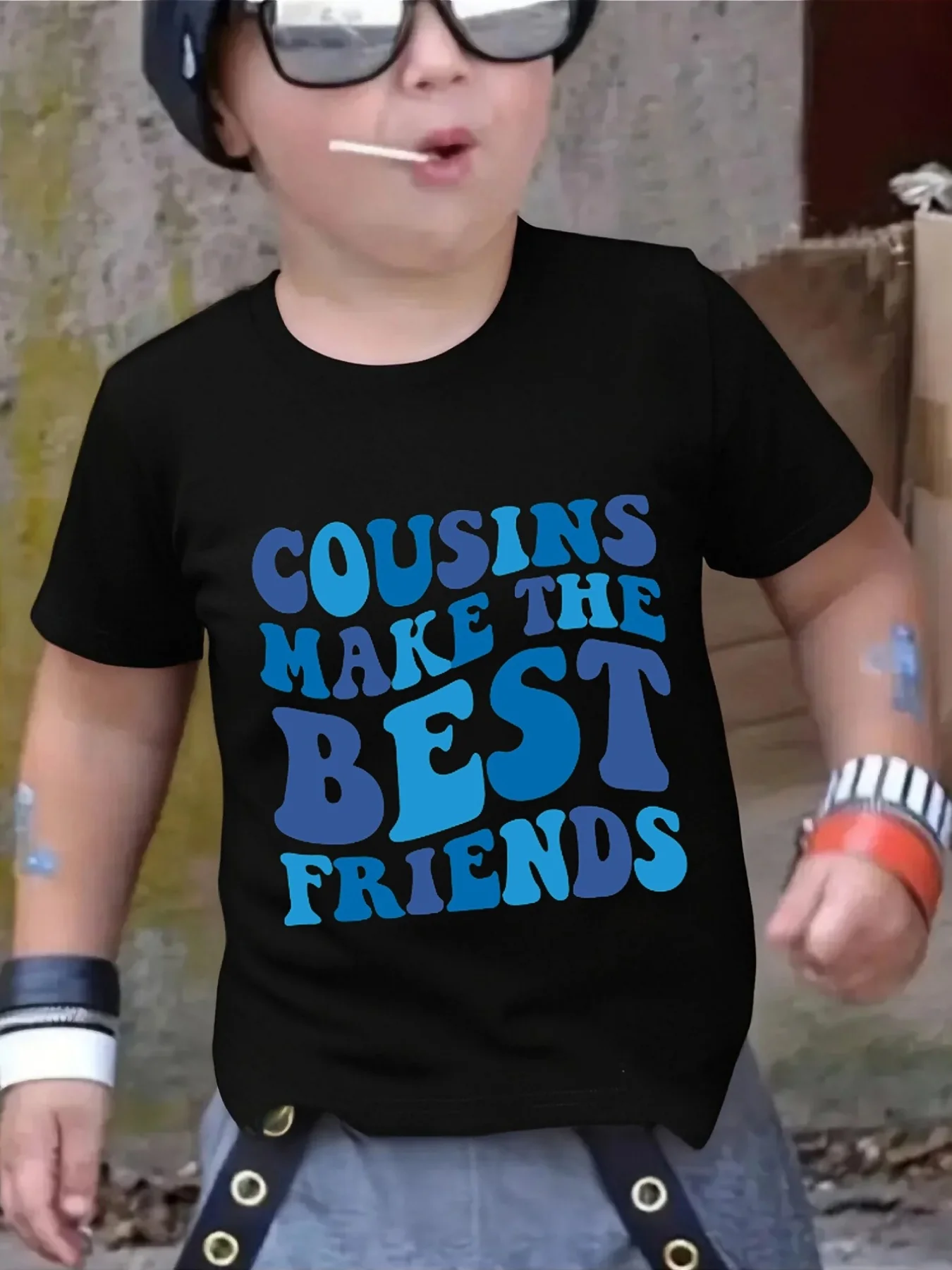 Lovely Blue Gradient Wavy Letter Family Quote Graphic Family Matching T Shirts Boys Girls Parent Child Daily Wear Cotton Tops