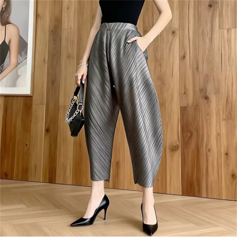 Miyake Designer Pleated Pants for Women High Waist Solid Color Wide Leg Trousers Casual Female Clothing 2025 Spring New