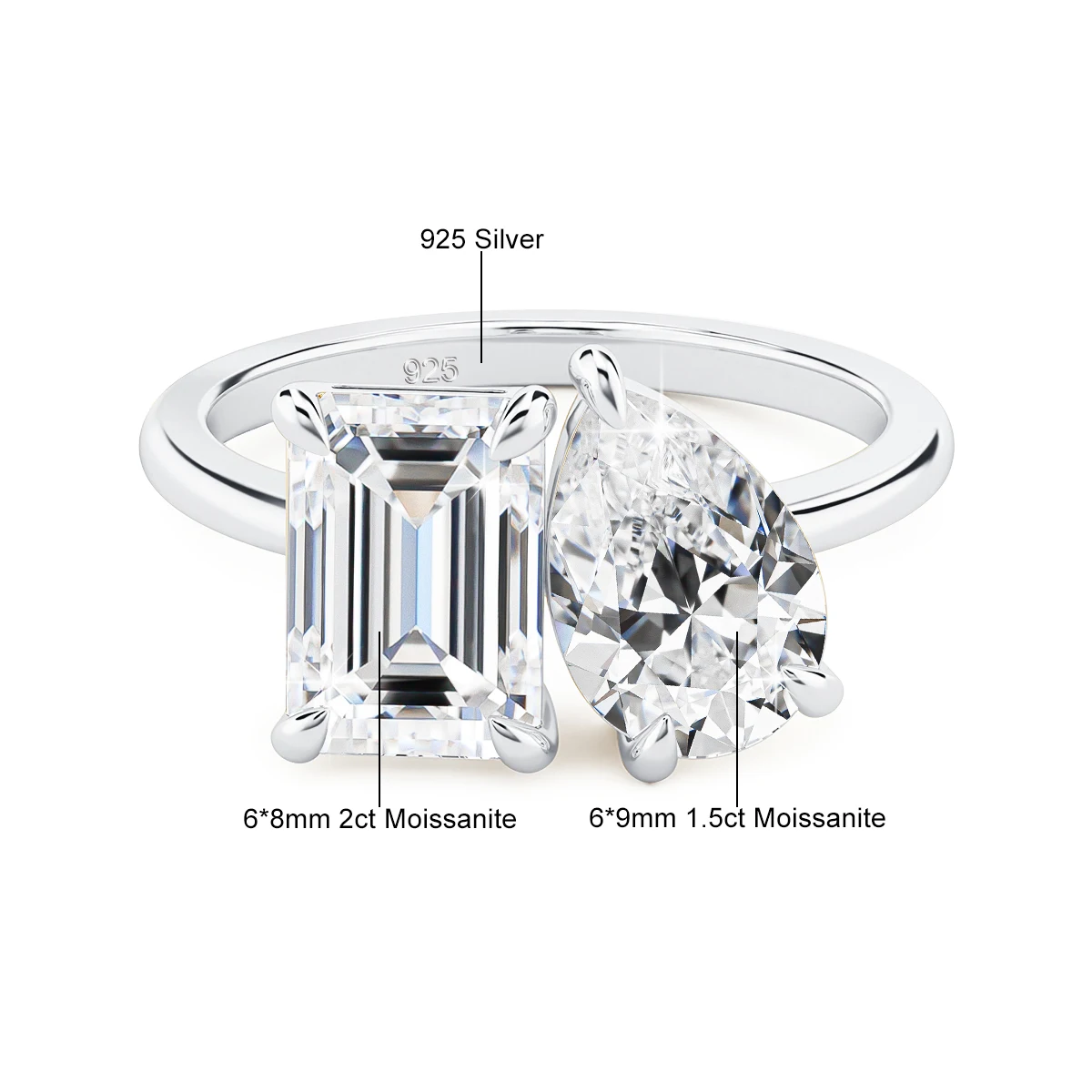 Zertifizierter 3,5 Karat 2-Stein-Moissanit-Ring für Damen, 100% 925 Silber, Luxus-Designer-Marke, Hochzeitsschmuck mit Labor-Diamanten, hohe Qualität – Detail 1