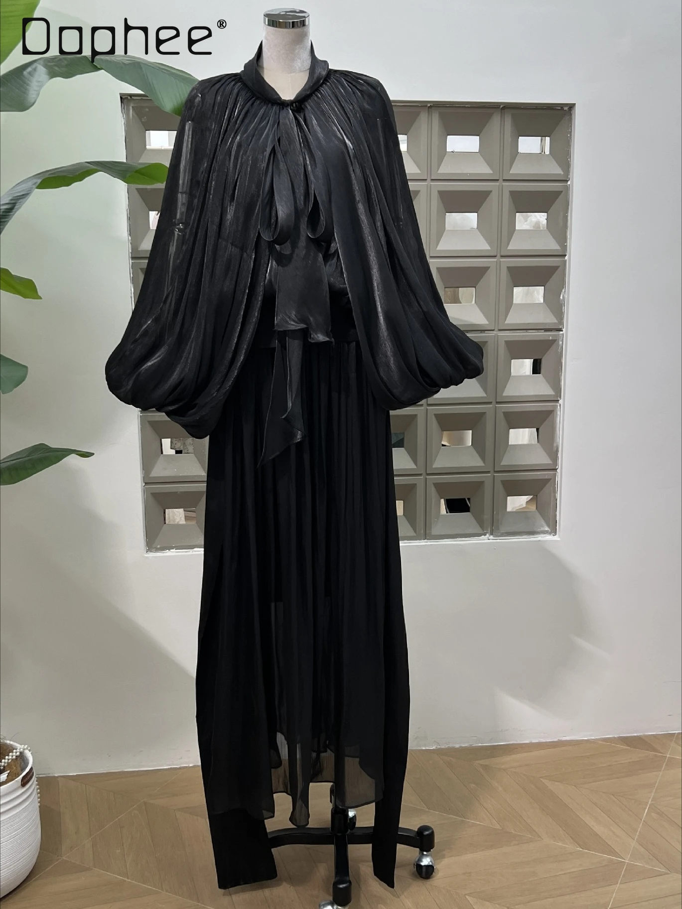 

Vintage Strap Streamer Yarn Lantern Long Sleeve Backless Long Dress Temperament Evening Dresses Fashion Pleated High Waist Dress