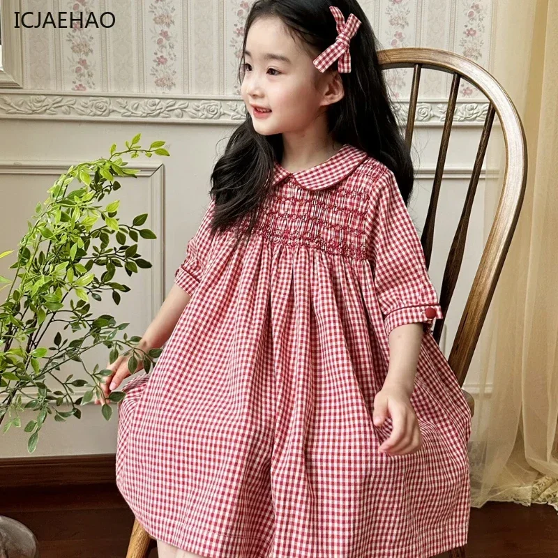 ICJAEHAO 2025 Kids Children Korean Autumn Vintage Casual Clothes Red Check Princess Costume Handmade Girls Sleeve Dress Outfits