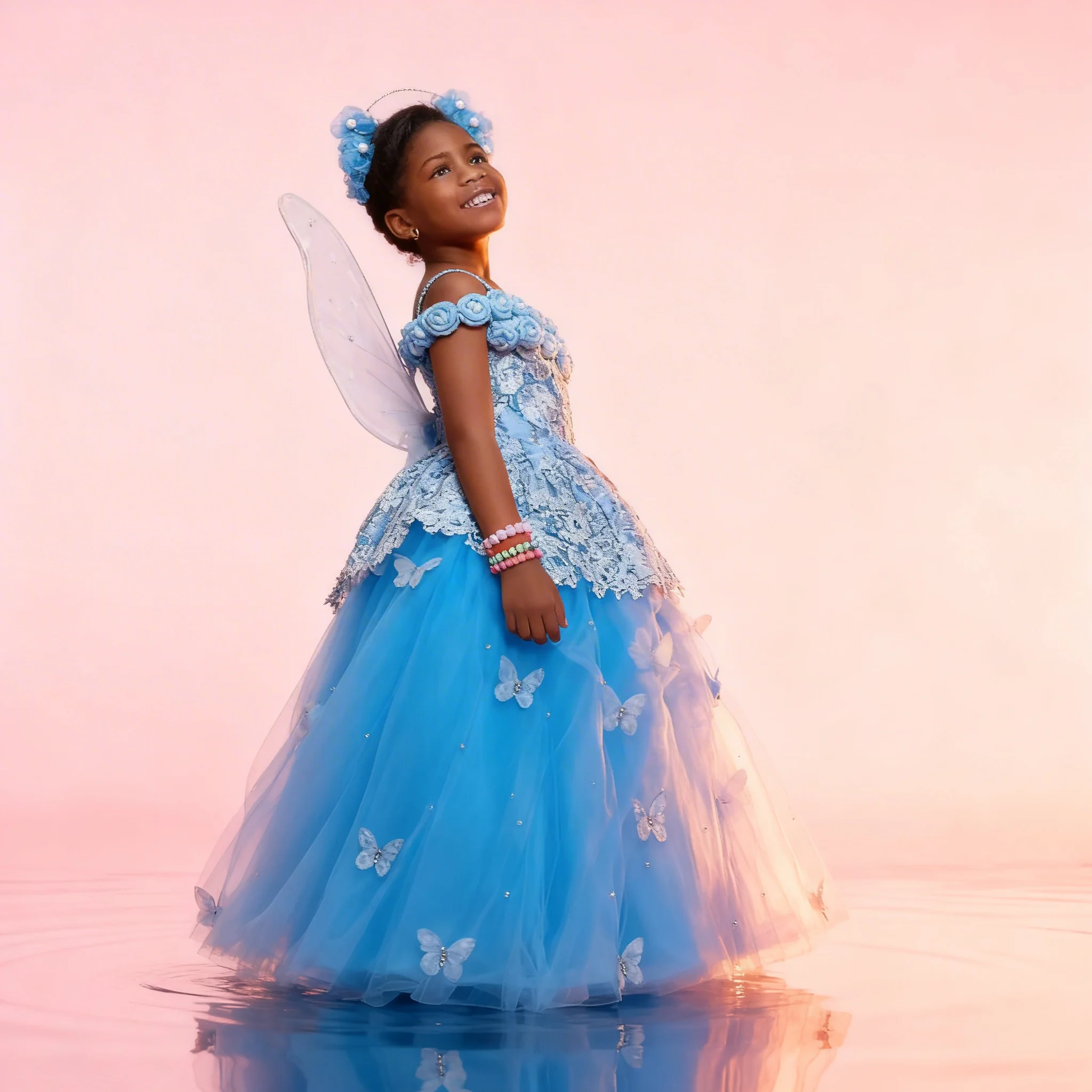 

Индивидуальное синее платье для девочки с аппликациями в виде бабочек и жемчугом, роскошное платье принцессы для свадебной фотосессии, вечеринки, для детей