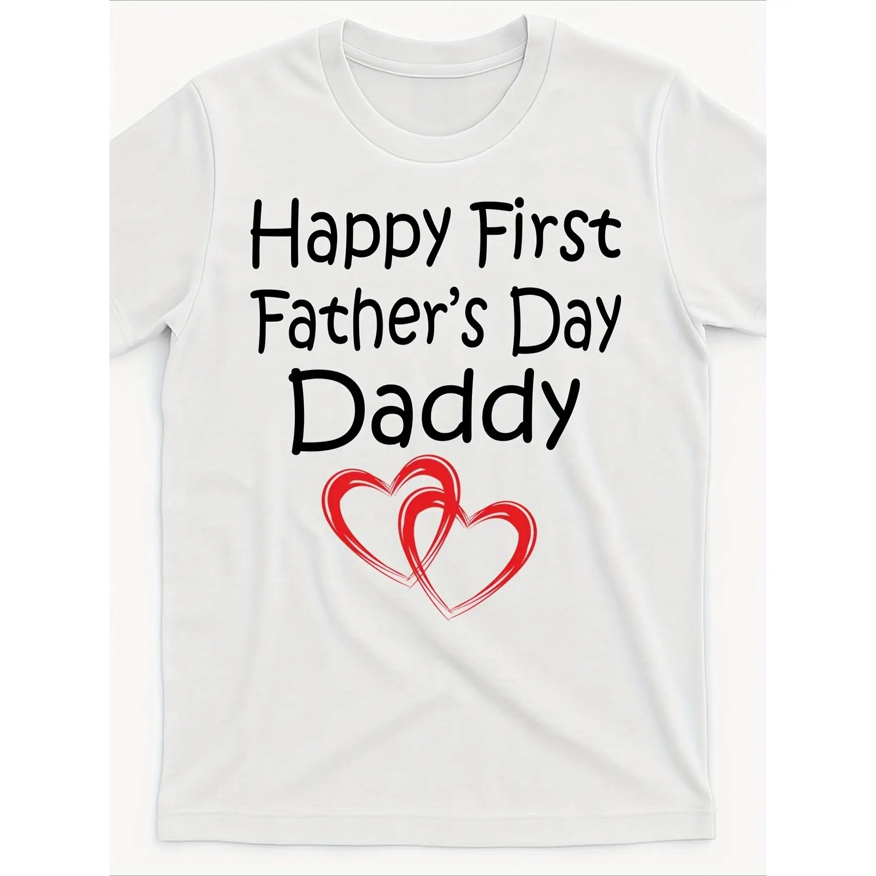 

Men's First Father's Day Gift T-Shirt - Happy First Father's Day Daddy Graphic Print with Red Hearts, Comfortable Cotton Casual