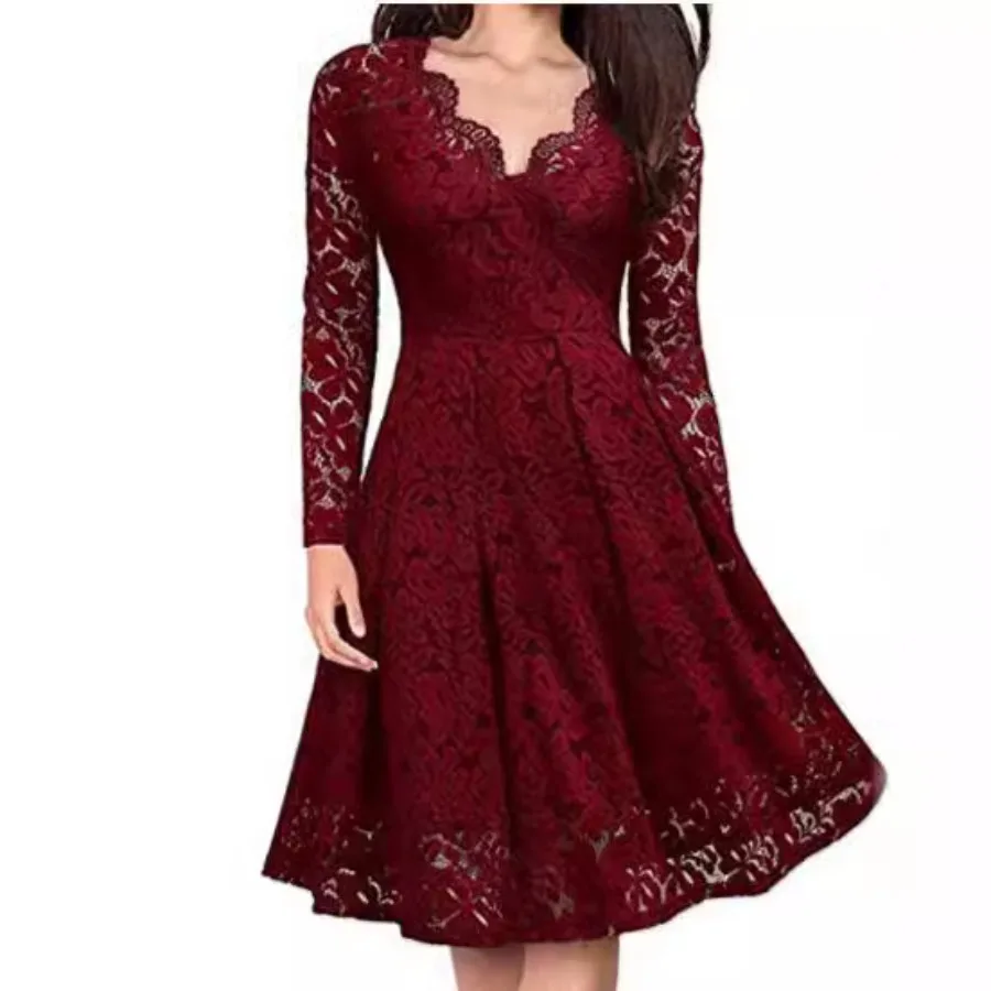 

【New style】Christmas women's autumn and winter dress skirt lace dress long sleeve bottom slimming temperament skirt fashion