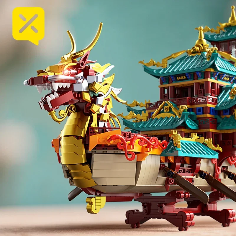 2453PCS Chinese Style Dragon Boat Building Blocks Traditional Architecture Bricks Collectible Decorative Model Toy 3D Puzzle Kit