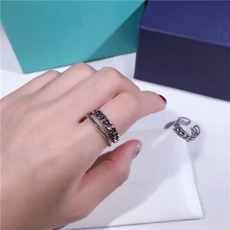 Fashion Designer Real 925 Sterling Silver All Matching Trendy Women Statement Double Layer Resizable Ring