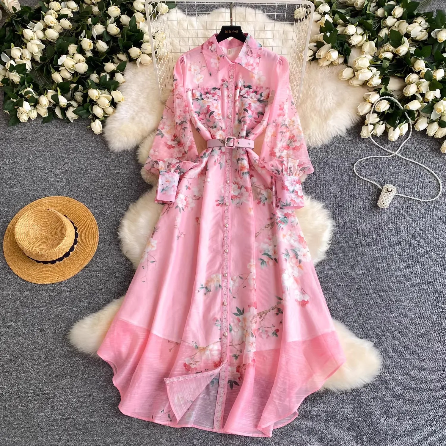 

-2026 Spring Holiday Sweet Flower Beach Dress Women's Lapel Long Lantern Sleeve Pearl Button Up Floral Print Belt Dress Pockets