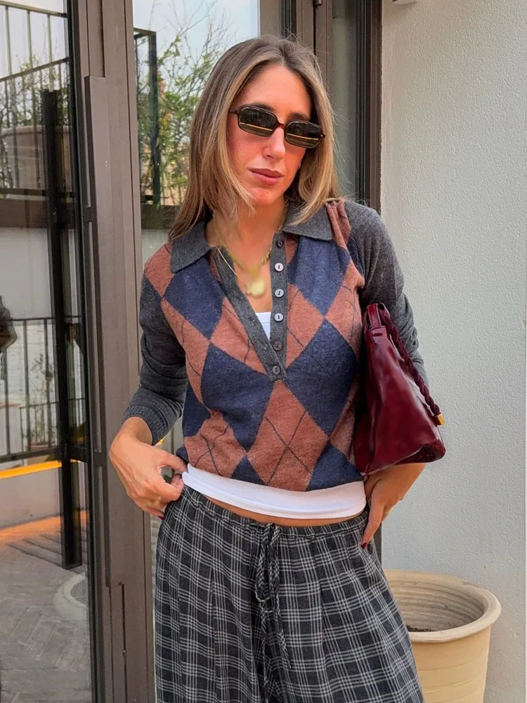 ملابس علوية نسائية محبوكة للخريف من HH بياقة مقلوبة وأكمام طويلة واحدة الصدر بلوفرات أنيقة غير رسمية على الموضة للسيدات #3