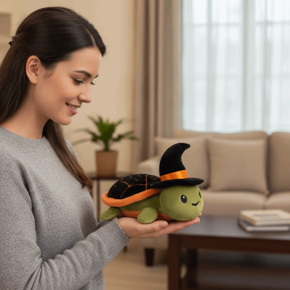 Soft Witch Hat Turtle Non-Slip Bottom Witch Hat Design Halloween Turtle Cushion Machine Washable Spider Web Pattern Turtle
