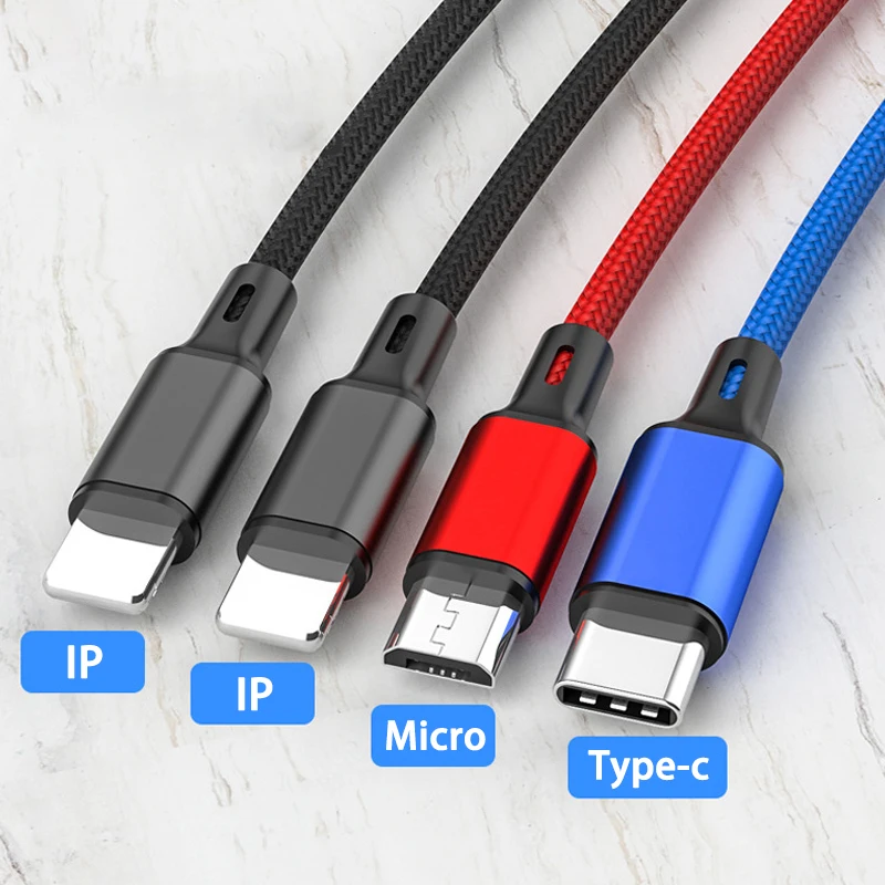 4 In 1 USB Cable For iPhone 3 In 1 USB A To Micro USB/Type C/8 Pin Charger Cable 3A Fast Charging Cabl For Huawei Samsung Xiaomi