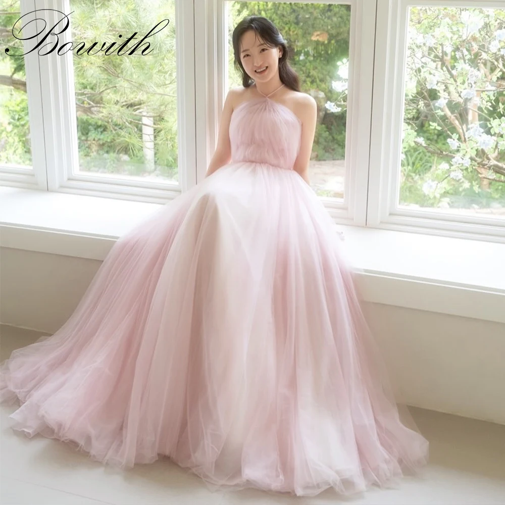 

Bowith Baby Pink Korean Wedding Dresses Halter Soft Tulle Bridal Gown Customized A-Line Bride Dresses Wedding Party Gown