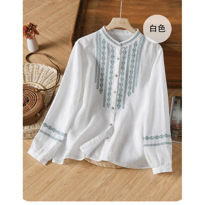 Spring New Artistic Retro Embroidery Cotton Linen Women's Artistic Retro Stand Collar Women's Versatile Long Sleeved Shirt Top