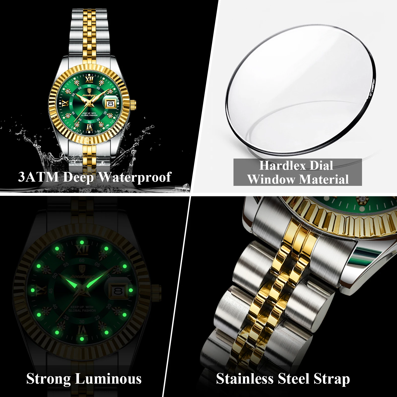 POEDAGAR, reloj de pulsera de lujo para mujer, resistente al agua, fecha luminosa, reloj informal para mujer, relojes de cuarzo de acero inoxidable a la moda para mujer