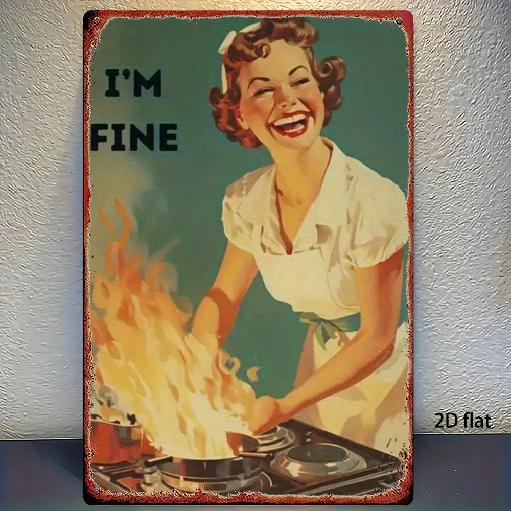 2D Flaches Metallschild, 1 Stück, Retro-Küche, lustiges Blechschild, Frau kocht, Feuer, kreative Dekoration, geeignet für Zuhause, Bar, Garage