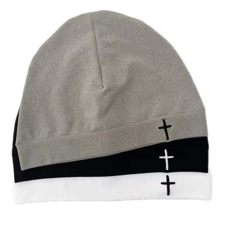 Bonnet en tricot extensible léger et doux brodé en croix, style décontracté pour homme et femme