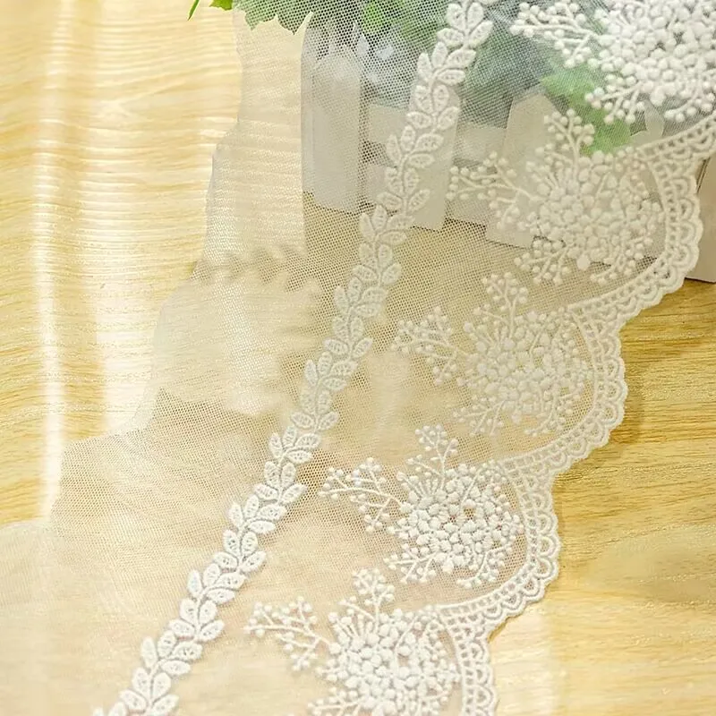 13.5CM Wide White And Apricot Color Mesh Material Cotton Embroidered Flowers Lace Trimmings Garment  DIY Sewing Accessories