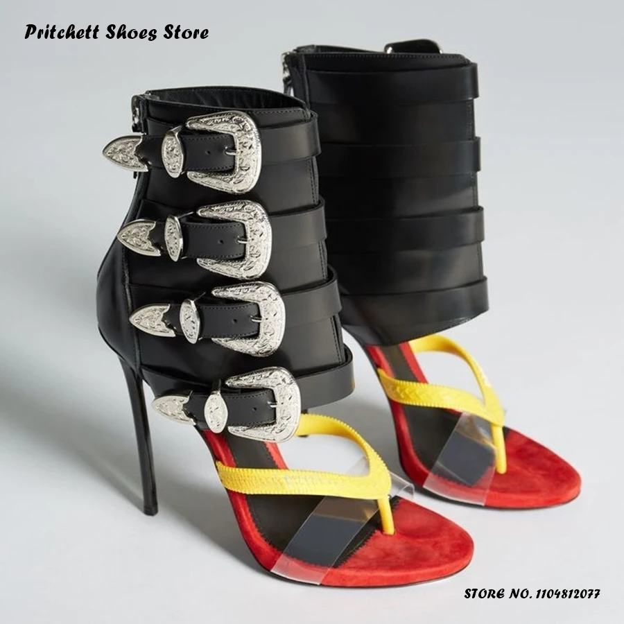 

Women's Belt Buckle Flip Flop Sandals Summer Street Style Back Zipper Sandals Boots Round Open Toe Thin Heels Trendy Party Shoes