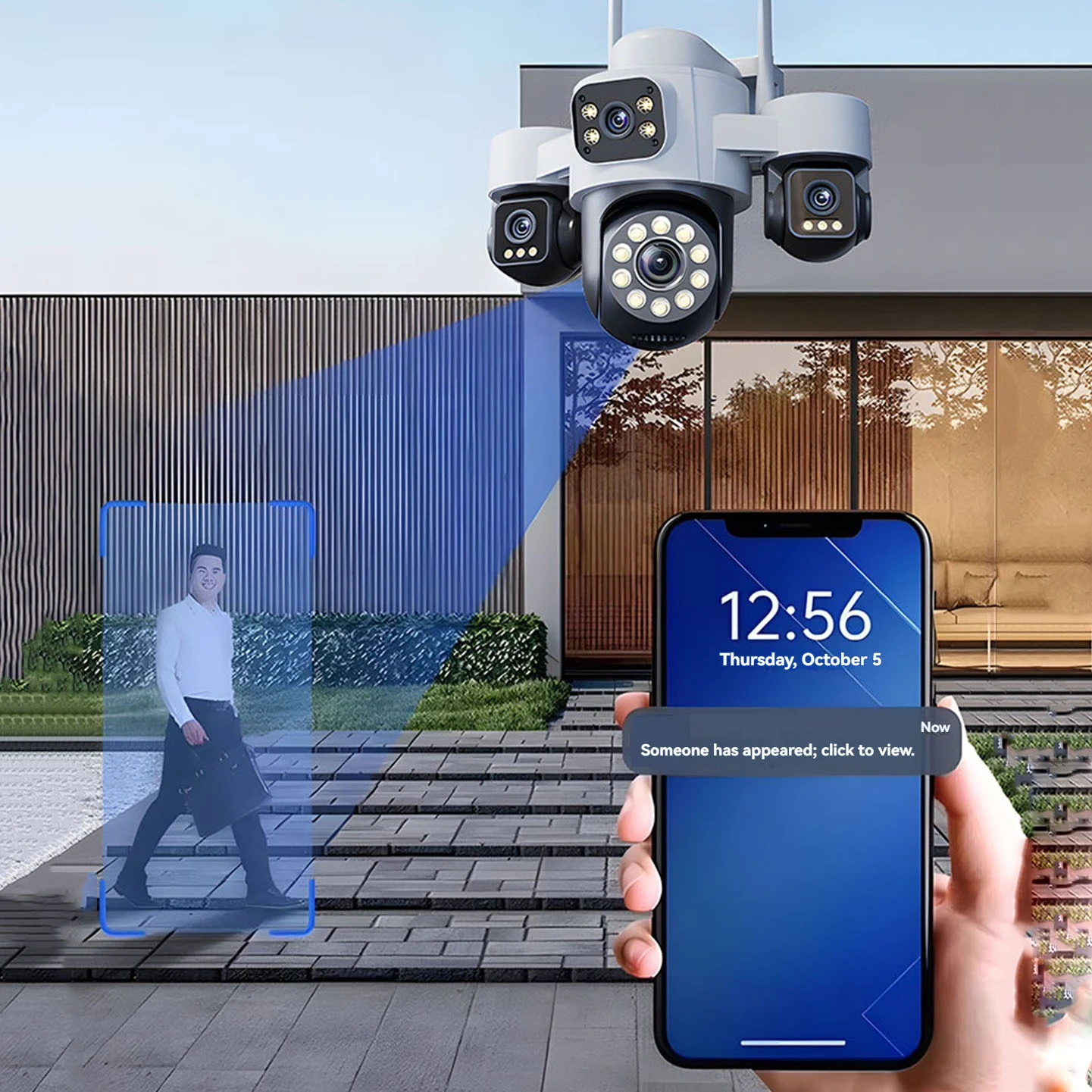 4K 8MP Home Security Outdoor WiFi Camera 4 Lens 3 Screen 360° 16X Zoom Human Detection Auto Tracking PTZ Cam Security Protection