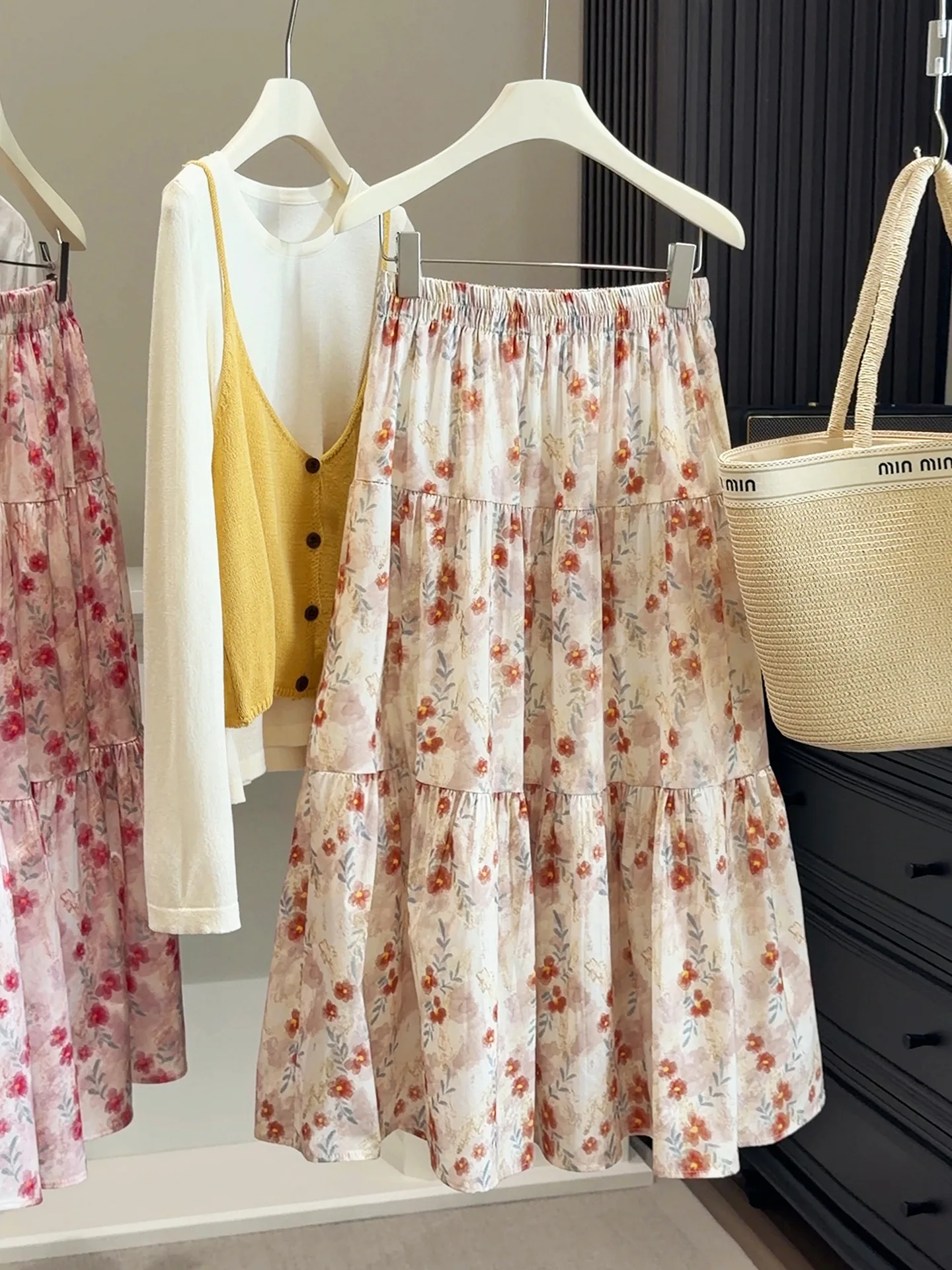 

Французская элегантная розовая юбка-миди с цветочным принтом, многоярусная, на резинке, в стиле Харадзюку, для женщин, весна-лето, универсальная