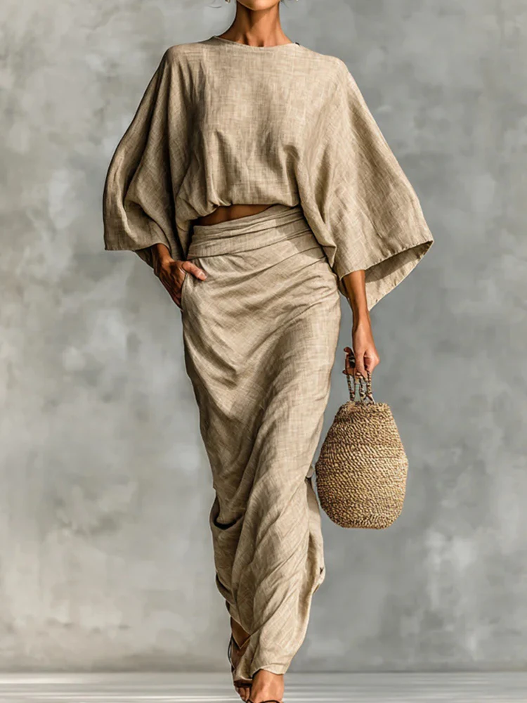 

Новый женский модный наряд с круглым вырезом и рукавами «летучая мышь» в стиле пэчворк, пуловер, топ и макси-юбки, весна-осень, простые элегантные одинаковые комплекты