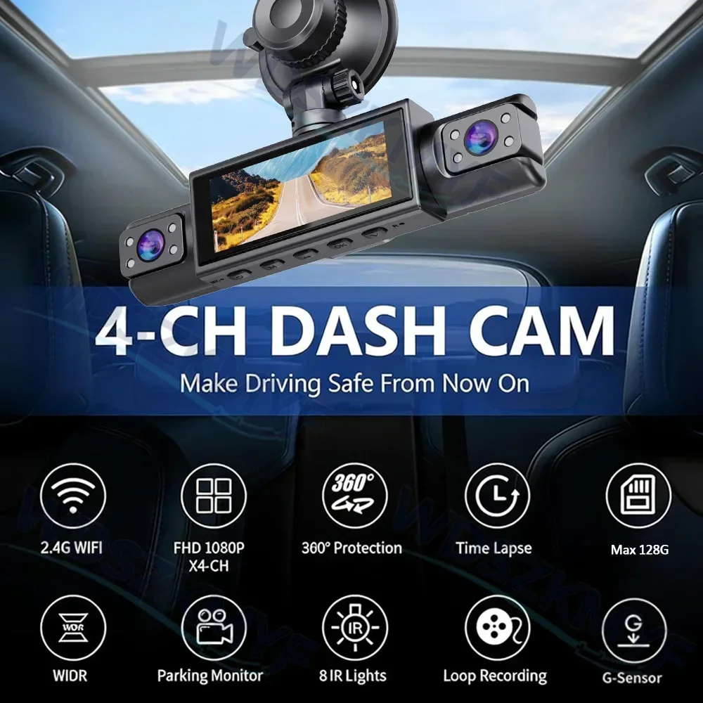 4 Channel Dashcam cars Black Box WiFi Driving FHD 1080P 3 Camera Night Vision Loop Recording Rear View Camera car accessories