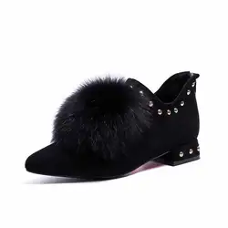 Winter and Autumn Women Low Heels Boots Thick-heeled Pointed Toe Real Hair Women Ankle Boots Sexy Rivet Fox Fur Women’s Boots