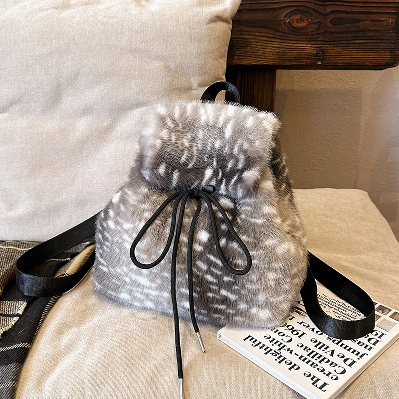 Winter Fluffy Faux Fur Backpack Leopard Print Drawstring Bucket Bag Fashion Soft Plush Small Backpack Daily Travel Purse Рюкзак