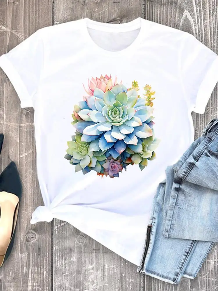 T-shirt da donna con fiori adorabili, abbigliamento carino, moda, t-shirt bianca, stampa, da donna, casual, con grafica, manica corta, o-collo