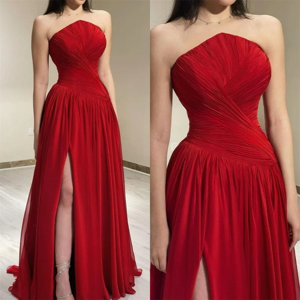 Abiti da ballo Elegante senza spalline A-line Celebrity Piega drappeggiato in chiffon Occasione Abito da sera Robe Femme Soiréeislavudenudenفkene