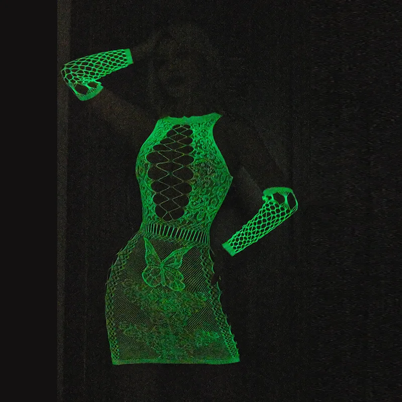 Fishing Net Transparent Women\'s Sexy Two Piece Set Fluorescent Open Crotch Bodystockings Dacne Party Club Luminous Sex Clothes