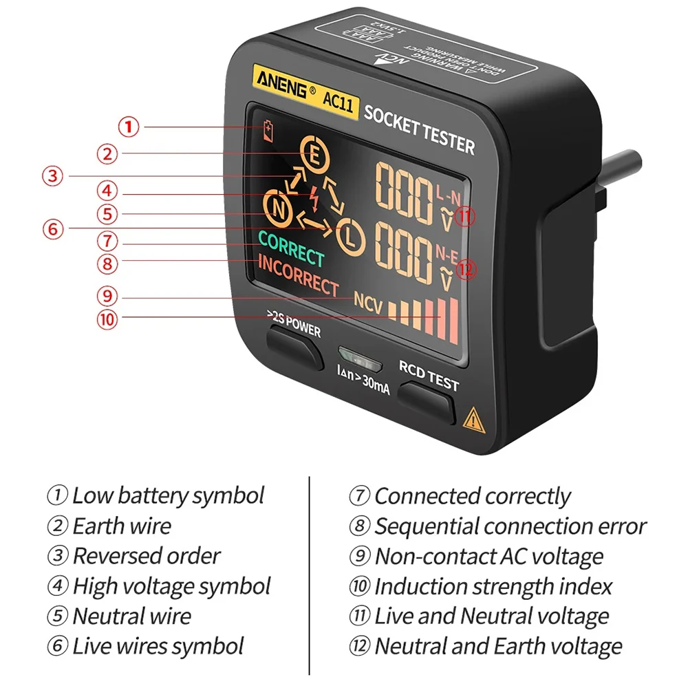 AC11 Digital Socket Leakage Tester NCV Non-contact Induction Detection Voltage Test Socket Detector 0.1V-250V