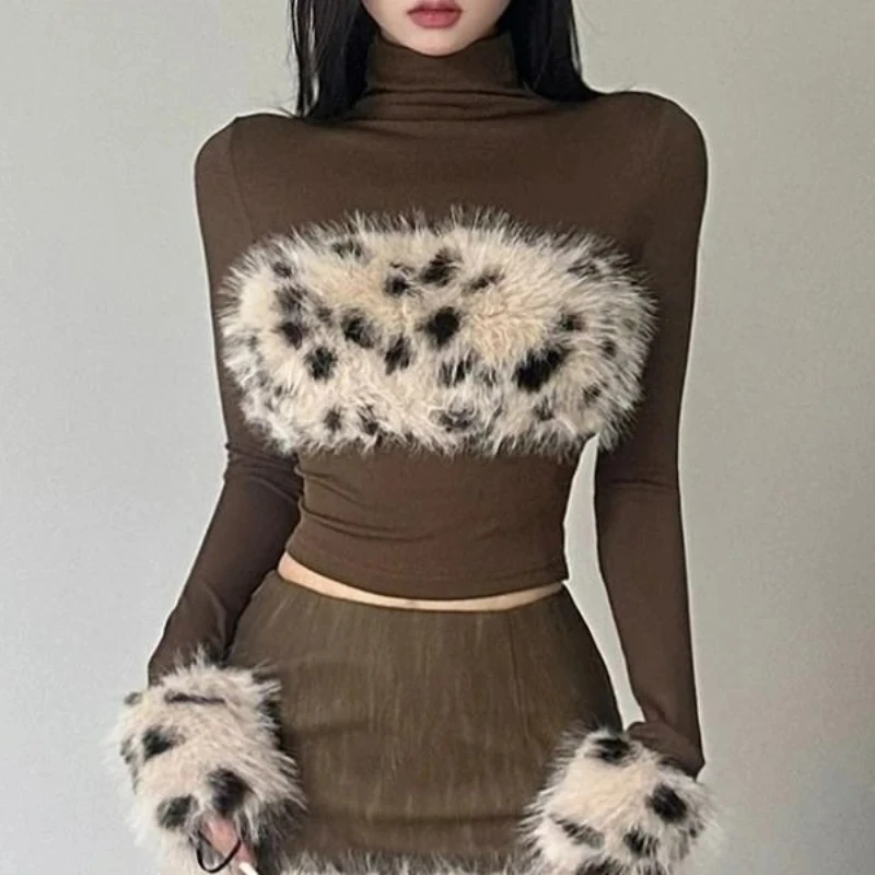 Autumn and Winter Temperament Splicing Leopard Print High Neck Long Sleeved T-shirt Slim Fit Short Style Slimming Bottom Top - Image 2